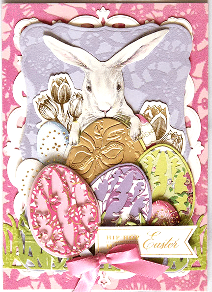 a card with a bunny and eggs on it.